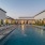 Swimming pool at night with lights around the edge